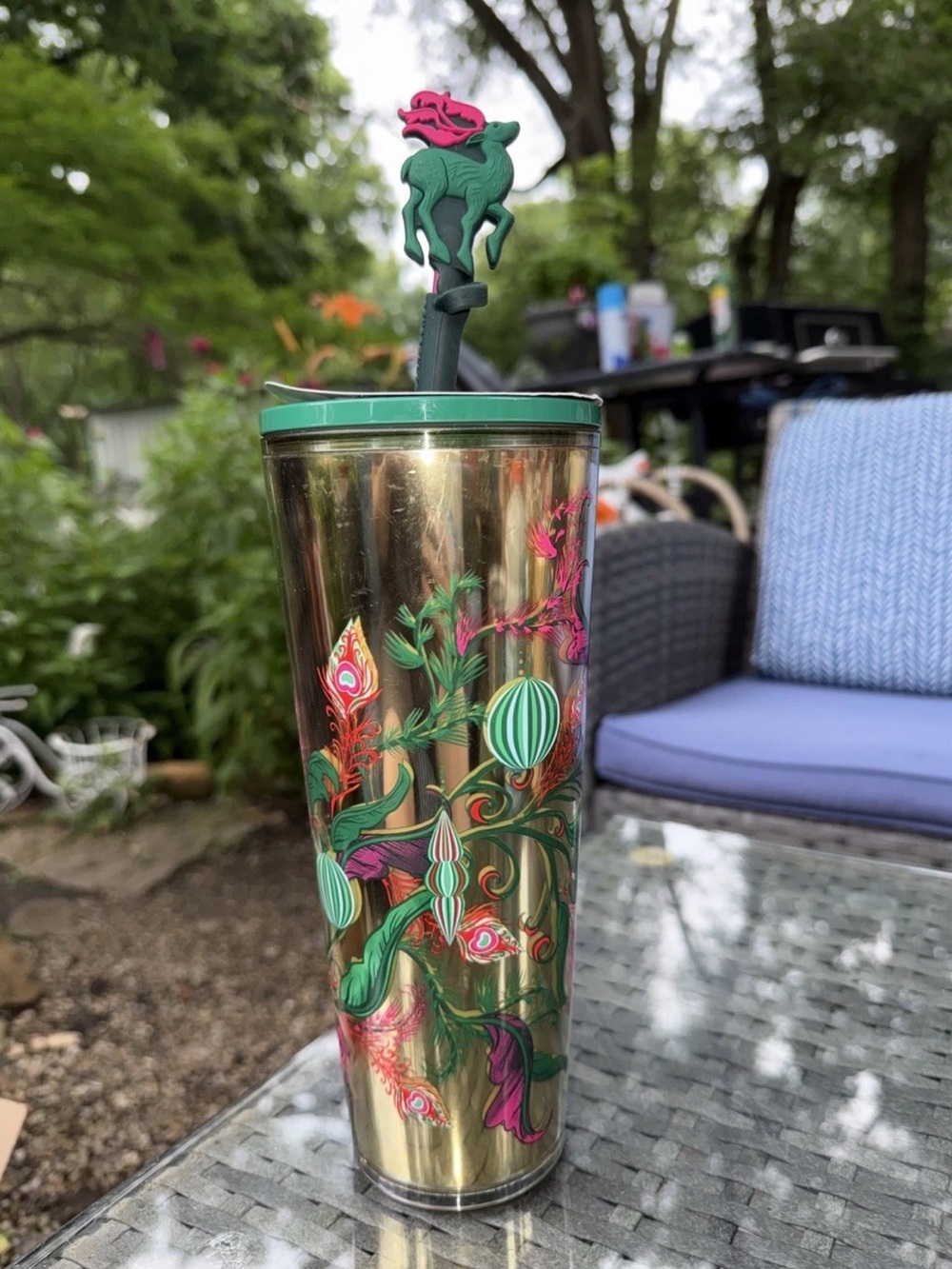 Starbucks 2024 Holiday Gold Peacock Reindeer Straw Topper Venti Tumbler 24oz NEW